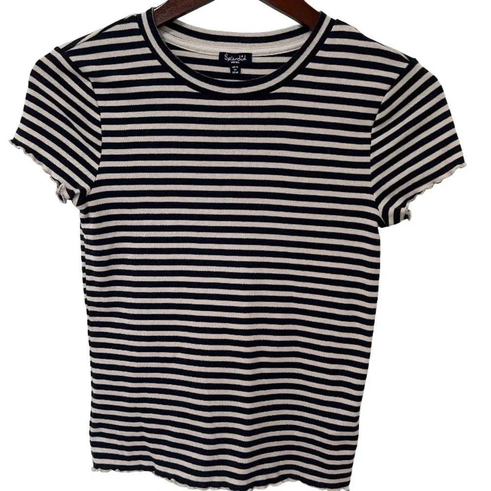 Splendid Women’s Small Navy White Striped Ruffle Hem Short Sleeve Tee - Picture 1 of 6